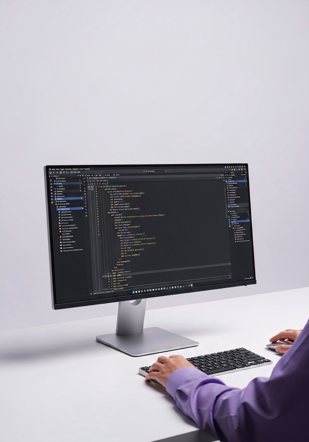 A developer workstation with a dark code editor open